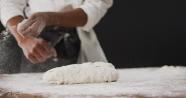밀가루를 던지는 요리사의 재료의 — 비디오