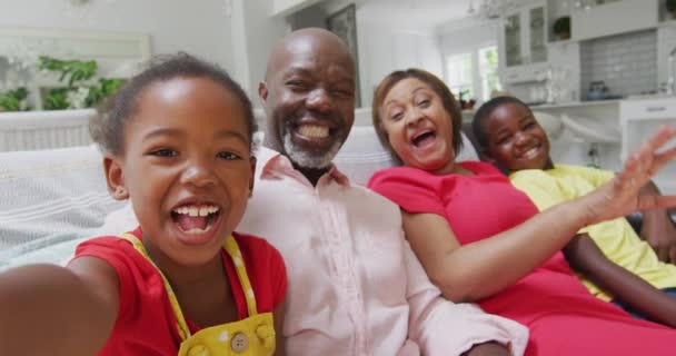 Happy African American Grandparents Grandchildren Sitting Sofa Having Video Call — Vídeo de Stock