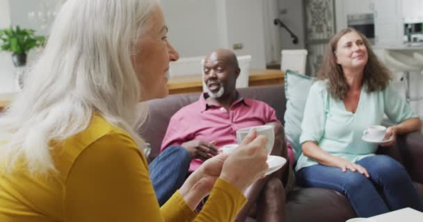 Animation Femmes Hommes Heureux Diversifiés Amis Aînés Buvant Café Maison — Video