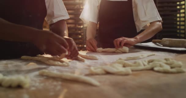 Animation Hands Diverse Female Male Bakers Preparing Rolls Bakery Working — Stock Video