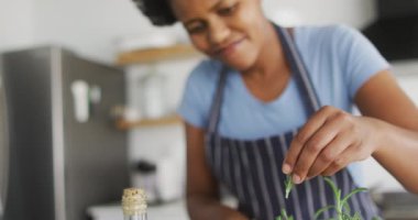 Afro-Amerikan kadın mutfakta yemek hazırlıyor. ev hayatı, evde boş zaman geçirmek..