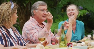 Animation of happy caucasian senior female and male friends talking at lunch in garden. retirement lifestyle, spending quality time with friends.
