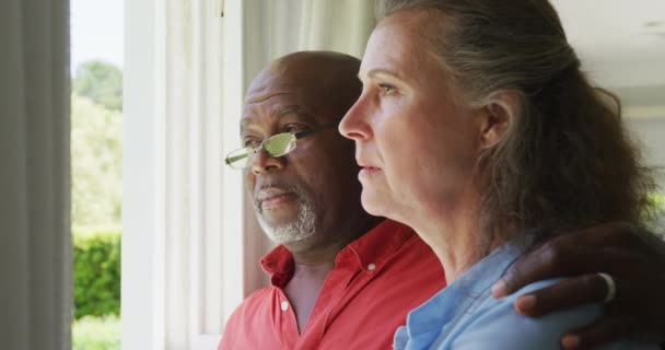 Glückliches Senioren Paar Hemden Und Umarmung Wohnzimmer Zeit Gemeinsam Hause — Stockvideo