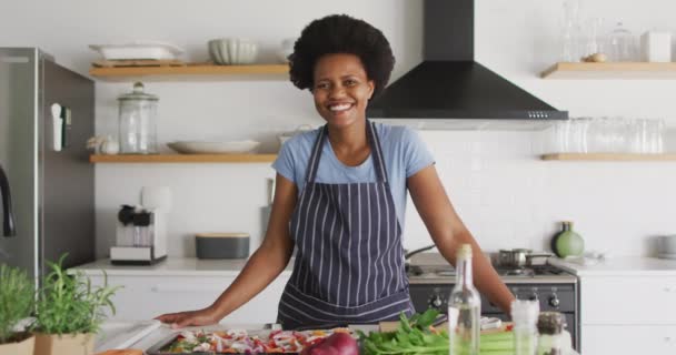 Retrato Mujer Afroamericana Feliz Preparando Cena Cocina Estilo Vida Doméstico — Vídeo de stock