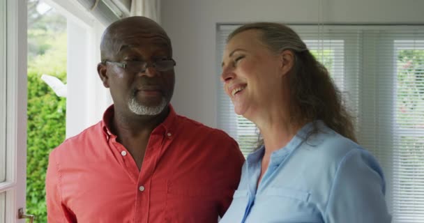 Happy Senior Diverse Couple Wearing Shirts Embracing Living Room Spending — Stock Video