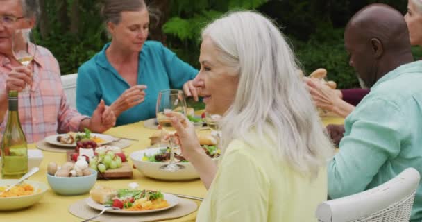 多様な友人と庭でランチを食べる幸せな白人シニア女性のアニメーション 退職生活 友人との時間を過ごすこと — ストック動画
