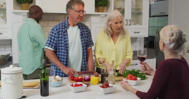 Mutfakta Yemek Hazırlayan Konuşan Mutlu Kadın Erkek Kıdemli Arkadaşların Animasyonu — Stok video