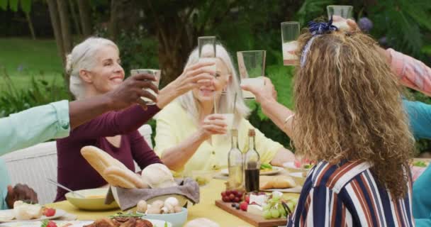 庭でランチを食べている多様な幸せな先輩女性と男性の友人のアニメーション トースト 退職生活 友人との時間を過ごすこと — ストック動画