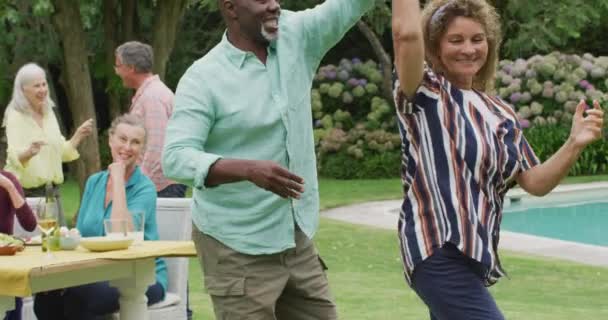 Feliz Diversos Amigos Senior Femeninos Masculinos Bailando Jardín Mientras Almuerzan — Vídeo de stock