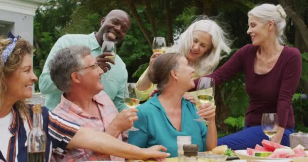Animation Diverser Glücklicher Seniorinnen Und Männer Beim Mittagessen Garten Lebensstil — Stockvideo
