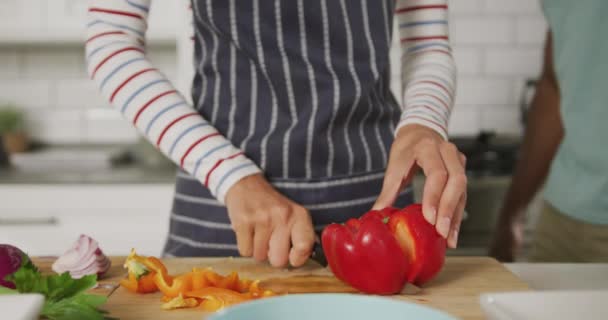 Diversa Pareja Con Delantal Azul Abrazando Cocinando Cocina Pasar Tiempo — Vídeo de stock