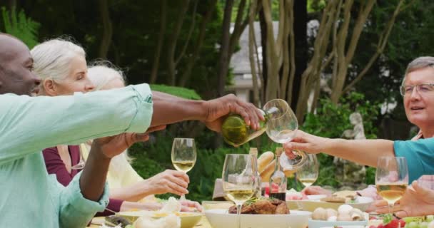 庭でランチを食べ ワインを注ぐ多様な幸せなシニア女性と男性の友人のアニメーション 退職生活 友人との時間を過ごすこと — ストック動画