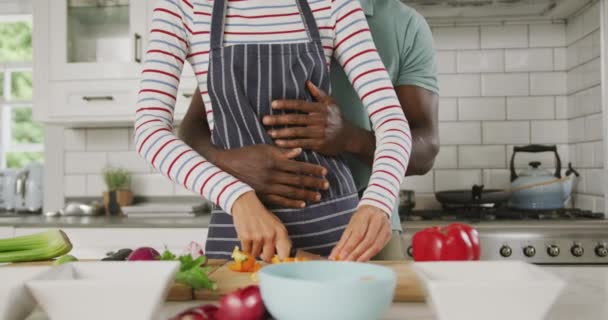 Diverso Casal Vestindo Avental Azul Abraçando Cozinhar Cozinha Passar Tempo — Vídeo de Stock