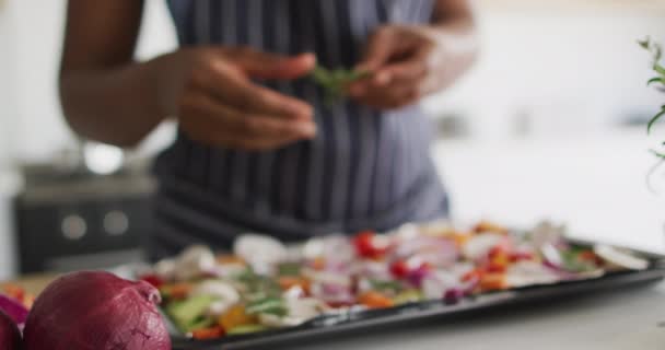 Afro Amerikan Kadının Orta Bölümü Mutfakta Yemek Hazırlıyor Hayatı Evde — Stok video
