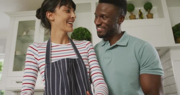 キッチンでブルーエプロンを取り入れ 料理を身に着けている幸せな多様なカップル 家で一緒に過ごす — ストック動画