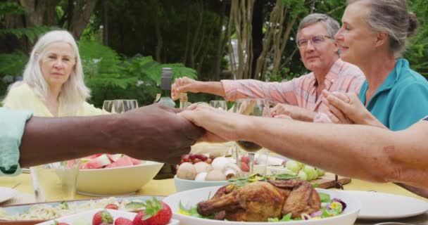 Animation Fröhlicher Unterschiedlicher Seniorinnen Und Senioren Beim Mittagessen Garten Lebensstil — Stockvideo