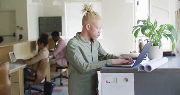Porträtt Glad Albino Afrikansk Amerikansk Affärsman Använder Laptop Kreativa Kontor — Stockvideo