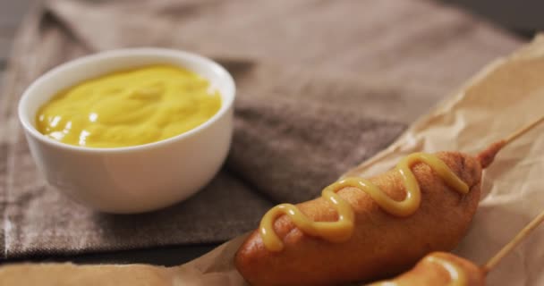 Video Corn Dogs Dip Wooden Surface Food Cuisine Catering Ingredients — Stock Video