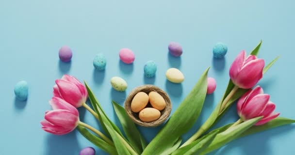 青い表面に飾られたカラフルなイースターエッグと花のビデオ 季節のイースター伝統的な甘いお菓子 — ストック動画