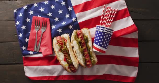 Vidéo Hot Dogs Avec Moutarde Ketchup Sur Drapeau Des Etats — Video