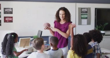 Kafkas kadın öğretmen ve çeşitli öğrencilerin sınıfta biyoloji okuduğu videolar. İlkokul eğitimi ve öğretmenlik mesleği.