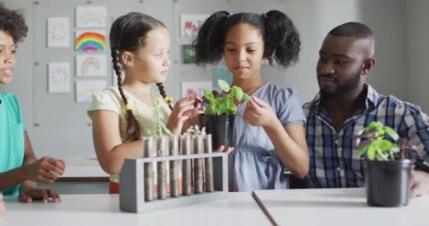 Video Šťastného Afroamerického Učitele Třídy Různých Žáků Během Lekce Biologie — Stock video