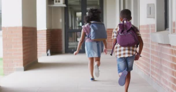 Vídeo Costas Alunos Diversos Que Correm Corredor Escolar Ensino Primário — Vídeo de Stock