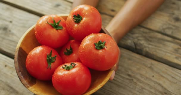 배경에 토마토가 그릇을 인간의 모습이 건강에 — 비디오