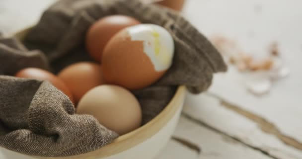 Video Close Hard Boiled Brown Eggs Cloth Bowl Rustic Background — Stock Video