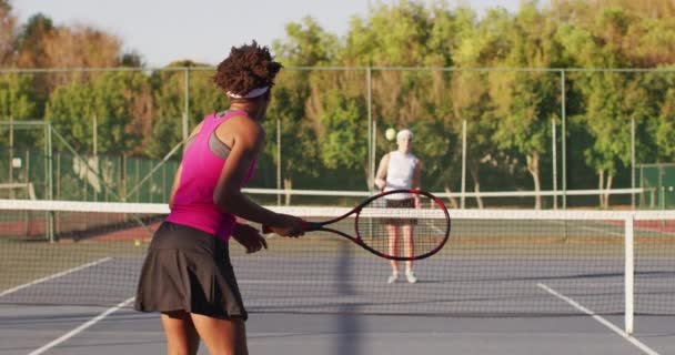 Video Back African American Female Tennis Player Holding Racket Hitting — Stock videók