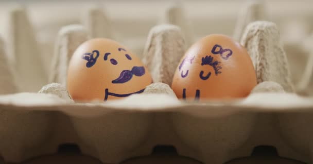 Video Close Two Brown Eggs Drawn Faces Egg Carton Background — Stock Video