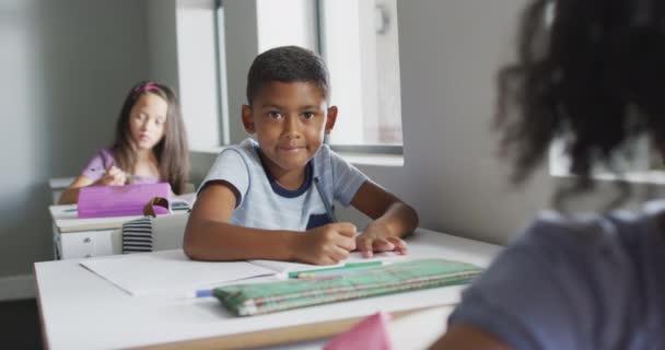 Video Happy Biracial Boy Sitting Desk Classroom Primary School Education — Stockvideo