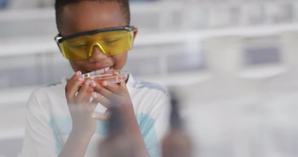 化学の授業中に眼鏡をかけて試薬を持っていた幸せなアフリカ系アメリカ人の少年のビデオ 小学校教育と学習の概念 — ストック動画
