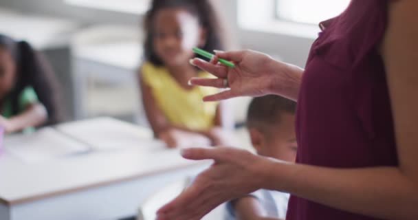 Video Mittsektionen Kaukasiska Kvinnliga Lärare Studerar Olika Barn Klassrummet Grundskoleutbildning — Stockvideo