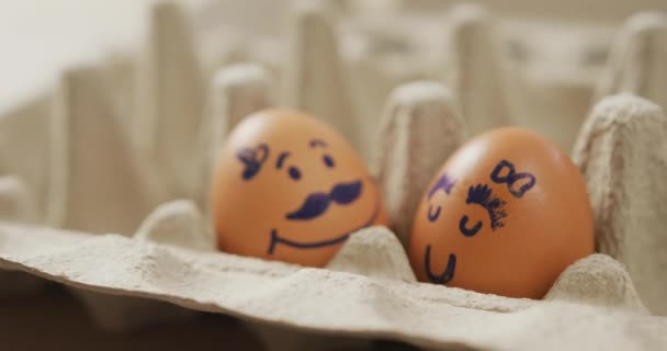 Video Close Two Brown Eggs Drawn Faces Egg Carton Background — Stock Video
