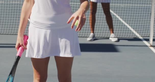 コートに立ってラケットを保持する多様な女性テニス選手のビデオ プロテニストレーニングスポーツ競技のコンセプト — ストック動画