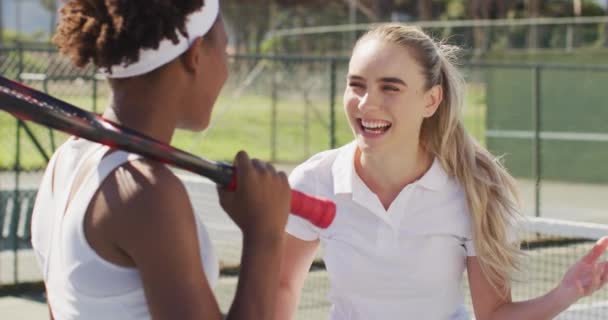 Wideo Szczęśliwych Zróżnicowanych Kobiet Tenisistek Trzymających Rakiety Mówiących Profesjonalny Trening — Wideo stockowe