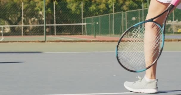 ラケットと拍手手を持つ多様な女性テニス選手の中間部のビデオ プロテニストレーニングスポーツ競技のコンセプト — ストック動画