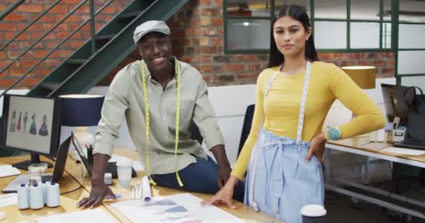 Portrait Happy Diverse Fashion Designers Wearing Tape Measures Office Work — 图库视频影像