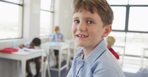 Nagranie Szczęśliwego Białego Chłopca Stojącego Klasie Podczas Lekcji Koncepcja Kształcenia — Wideo stockowe