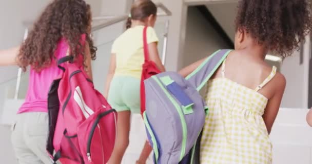 视频回顾了不同的女孩在学校楼上散步聊天的情景 小学教育 学习和社会化概念 — 图库视频影像