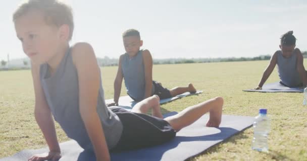 Video Van Gefocuste Diverse Jongens Die Yoga Beoefenen Matten Zonnige — Stockvideo