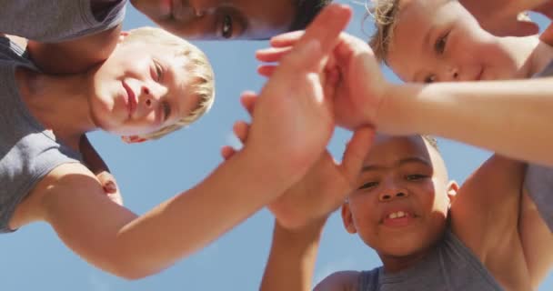 腕と拍手の手を持つ幸せな多様な男の子のビデオ 小学校教育 スポーツ — ストック動画