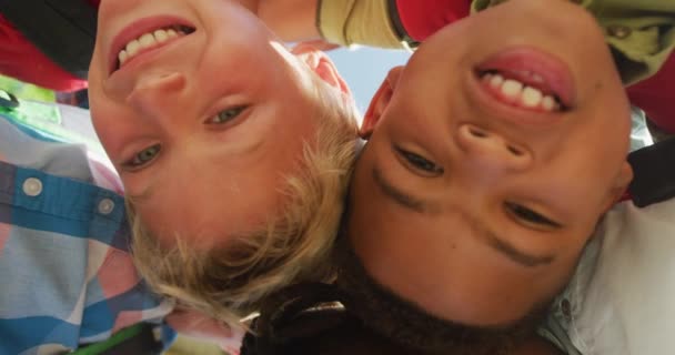 Video Low Angle View Diverse Boys Hugging Laughing Primary School — Stock Video