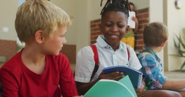 许多快乐的男孩拿着书本在学校前聊天的视频 小学教育 学习和社会交往 — 图库视频影像