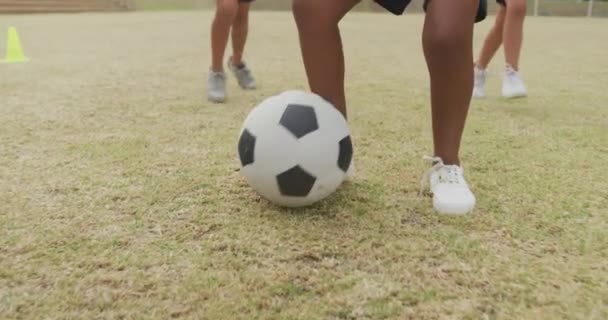 Vídeo Pernas Diversas Crianças Jogando Futebol Frente Escola Ensino Primário — Vídeo de Stock