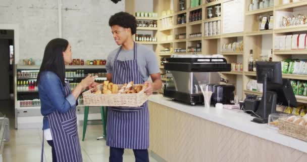 Animation Happy Diverse Female Male Waiters Bread Talking Coffee Shop — Stok video