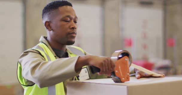 Afrikanisch Amerikanischer Arbeiter Schutzanzügen Und Beim Packen Von Kartons Lager — Stockvideo