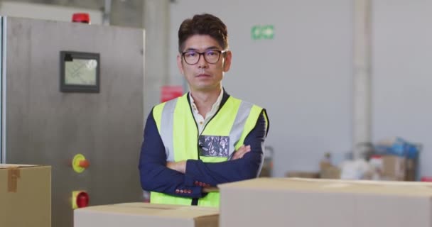 Retrato Trabajador Asiático Con Traje Seguridad Sonriendo Almacén Negocios Globales — Vídeos de Stock