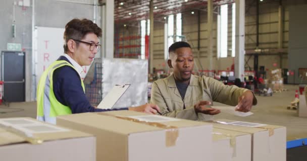 Diversos Trabajadores Masculinos Con Portapapeles Cajas Hablando Almacén Negocios Globales — Vídeo de stock